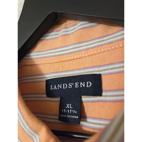 Lands End Men's XL Orange Stripe Button Down Long Sleeve Dress Shirt 17-17 1/2 - Picture 3 of 4